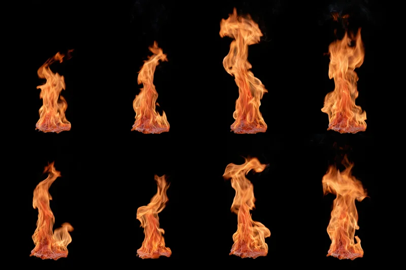 Eight flames arranged in a grid on a black background