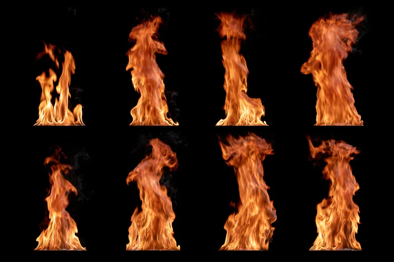 Eight flame samples arranged in a grid on black background