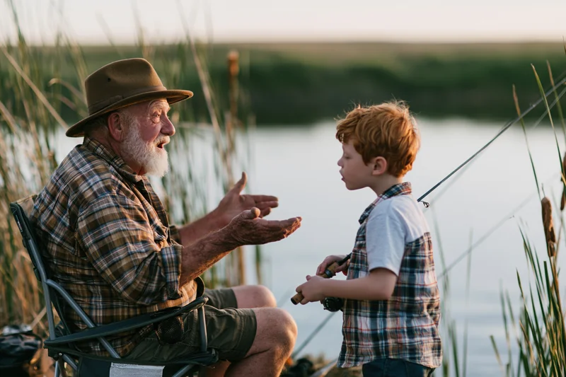 Grandfather telling a story to a young boy while fishing by a lake at sunset