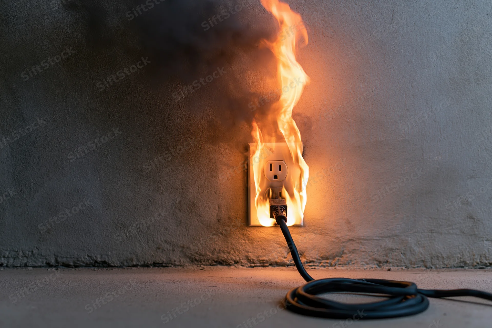Burning electrical outlet with flames and smoke on a concrete wall