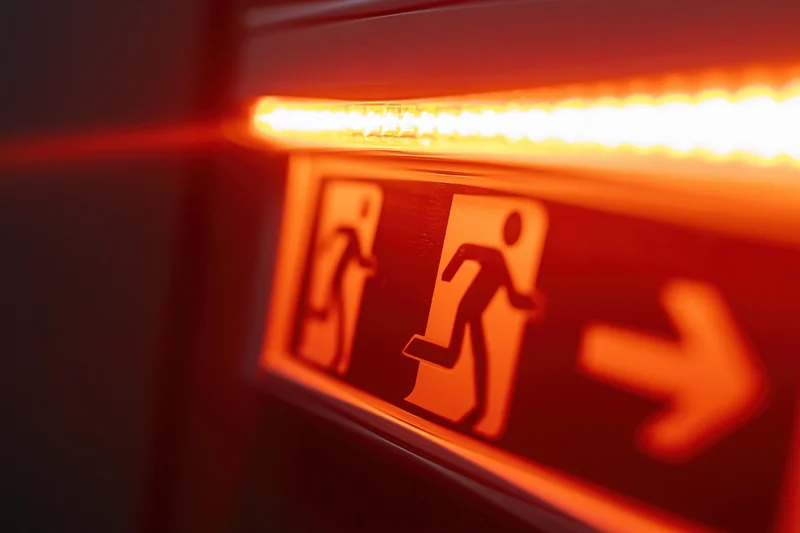 Illuminated emergency exit sign with running figure and arrow on dark wall