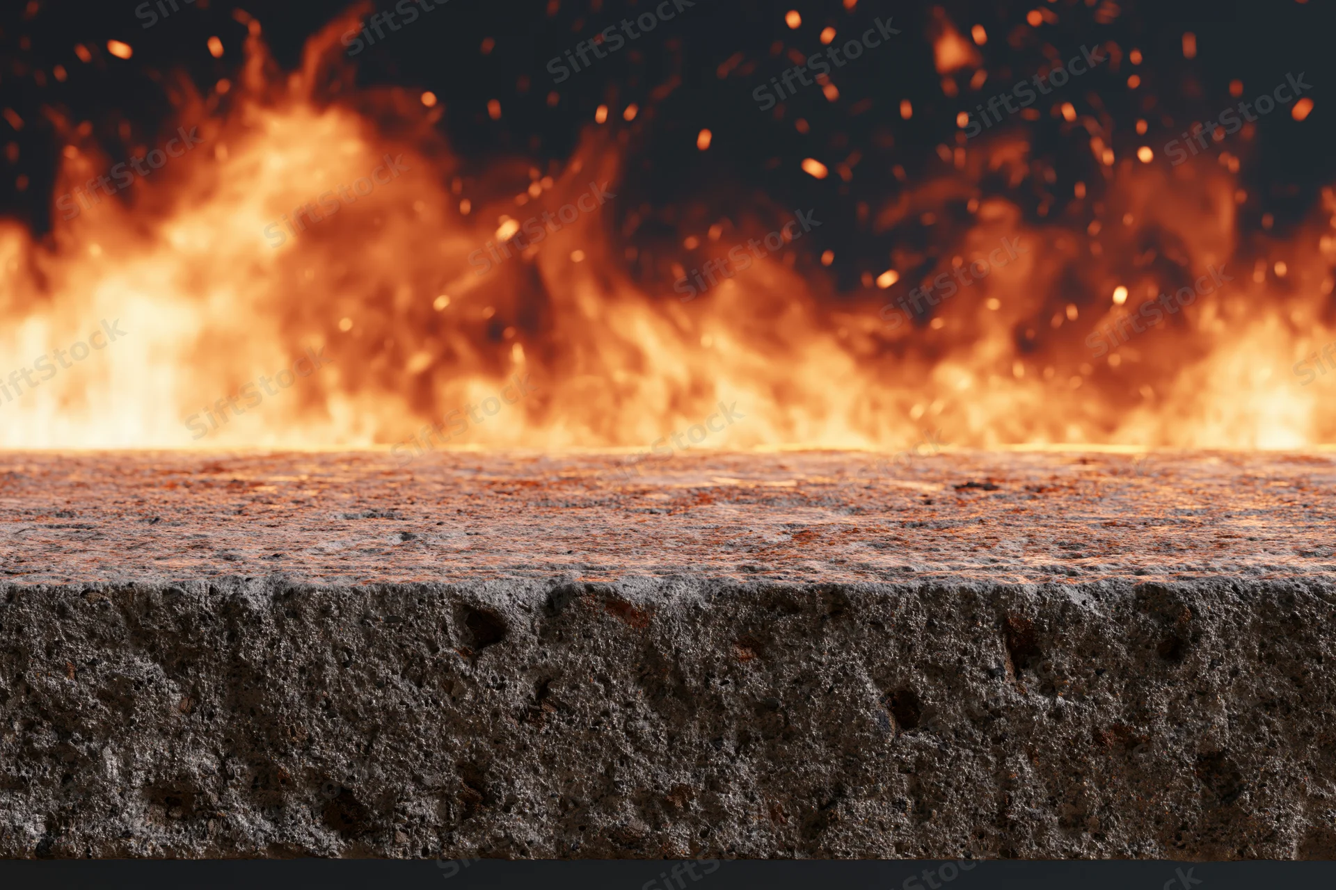 Concrete ledge in front of roaring flames at night