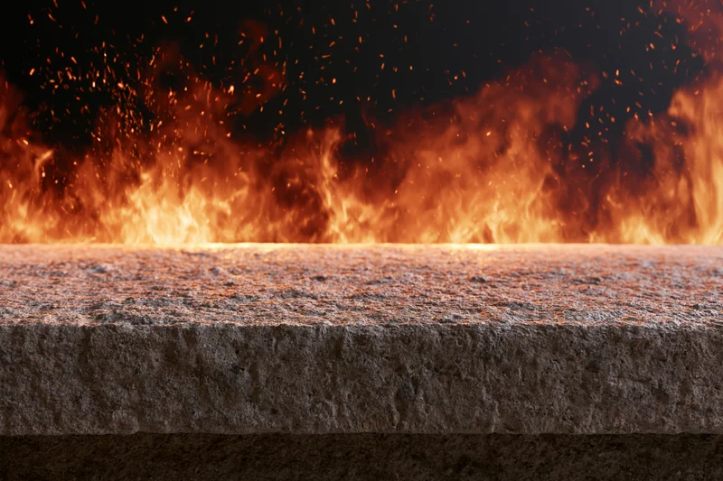 Concrete ledge in foreground with flames and sparks behind it at night