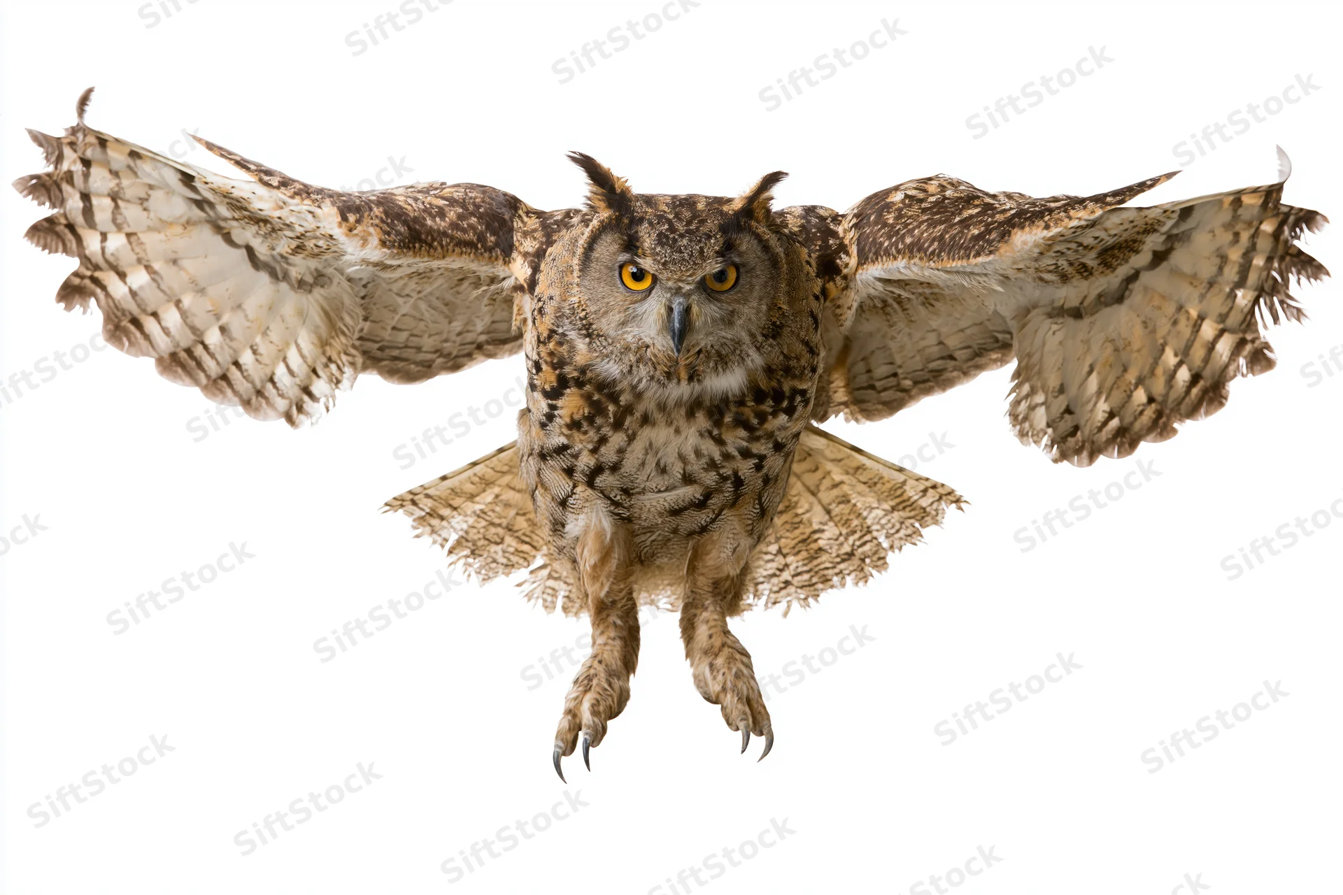 Eurasian eagle-owl in mid-flight facing camera with wings spread and talons extended against white background