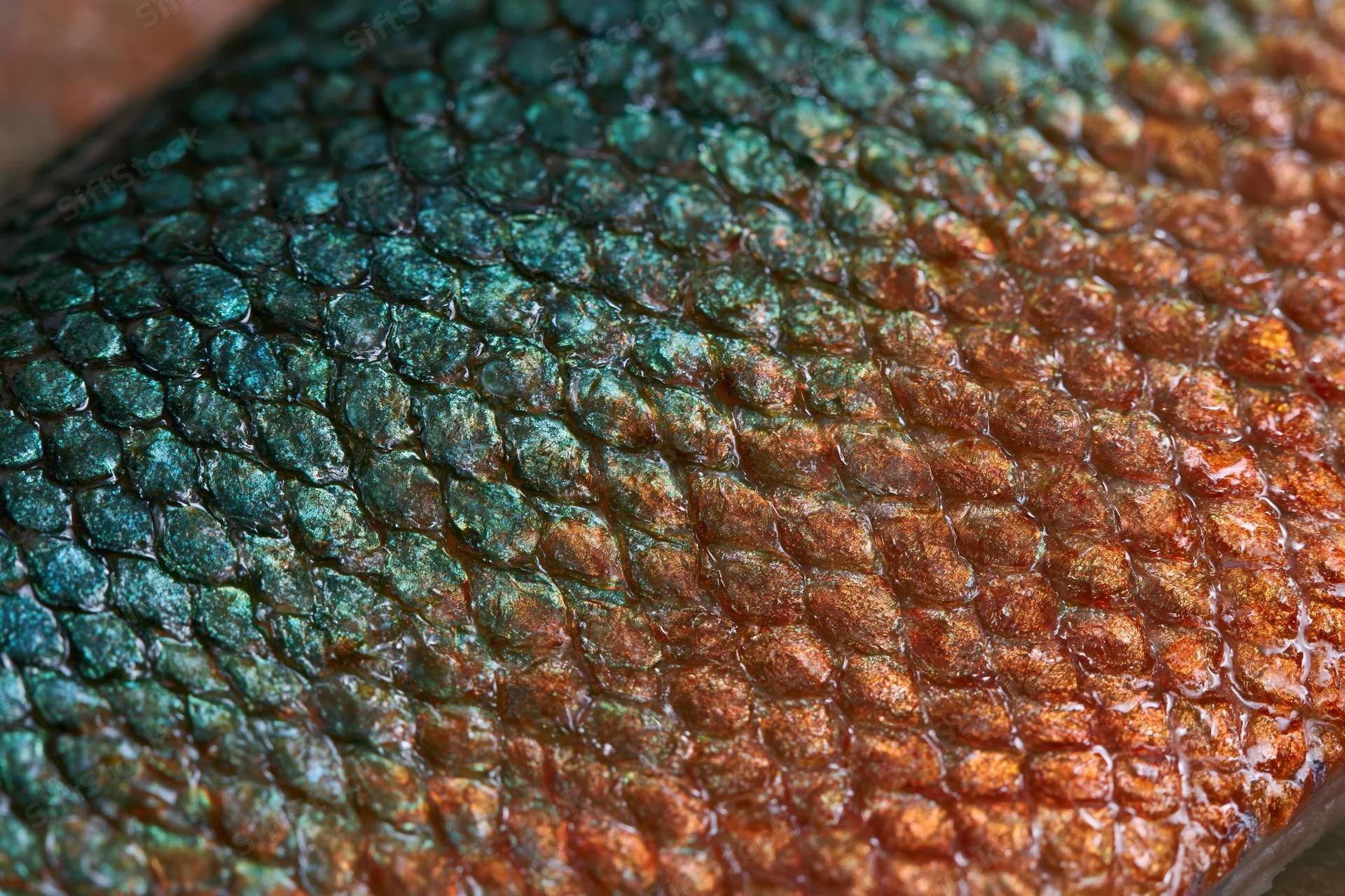 Extreme close-up of iridescent fish scales showing detailed texture and color gradient