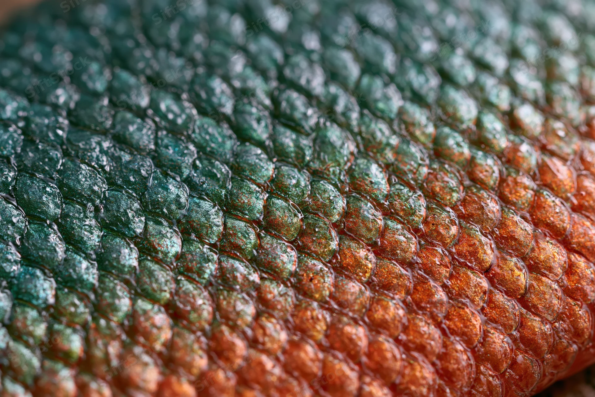 Extreme close-up of fish scales showing iridescent green and orange texture