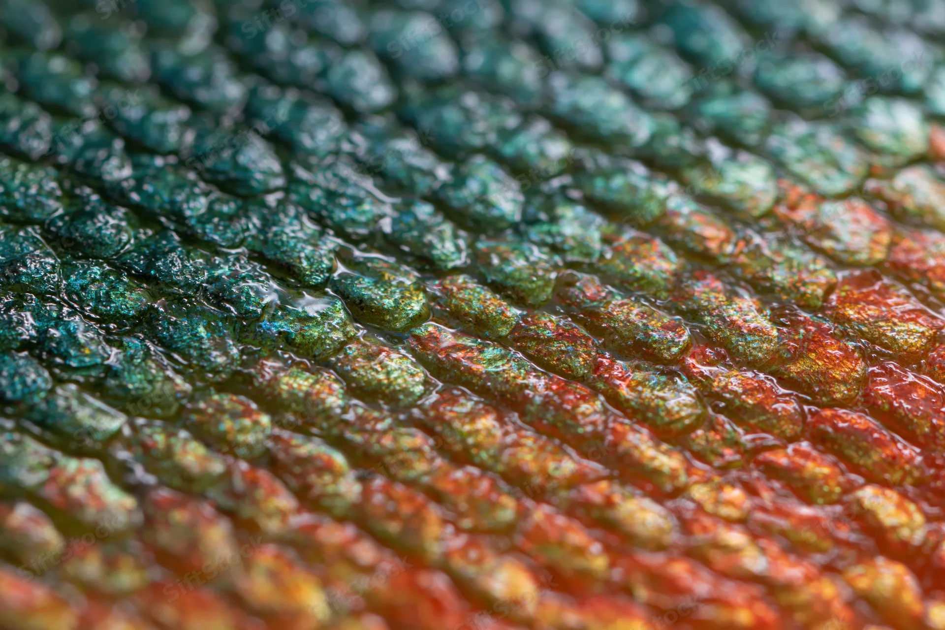Extreme close-up of fish scales showing iridescent blue green and red texture