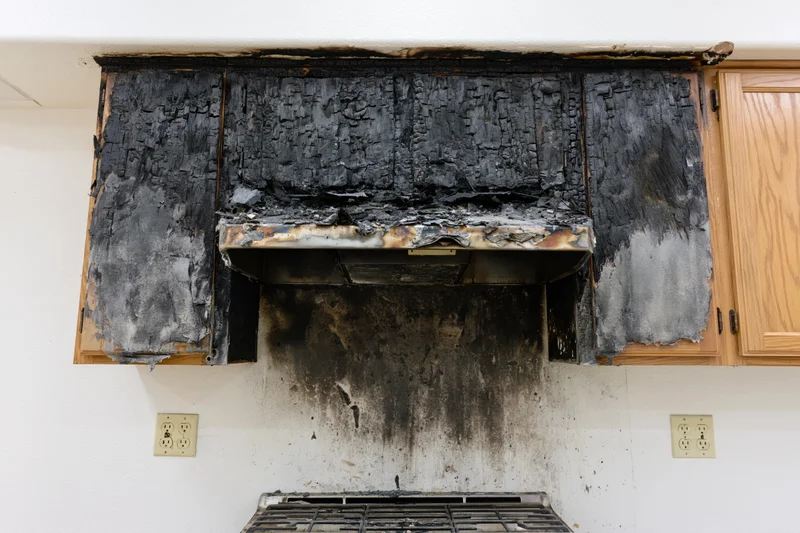 Fire-damaged kitchen range with blackened hood and cabinets above stove