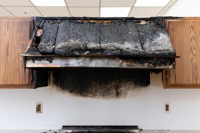 Severely burned range hood in a kitchen with charred cabinets and soot-stained walls