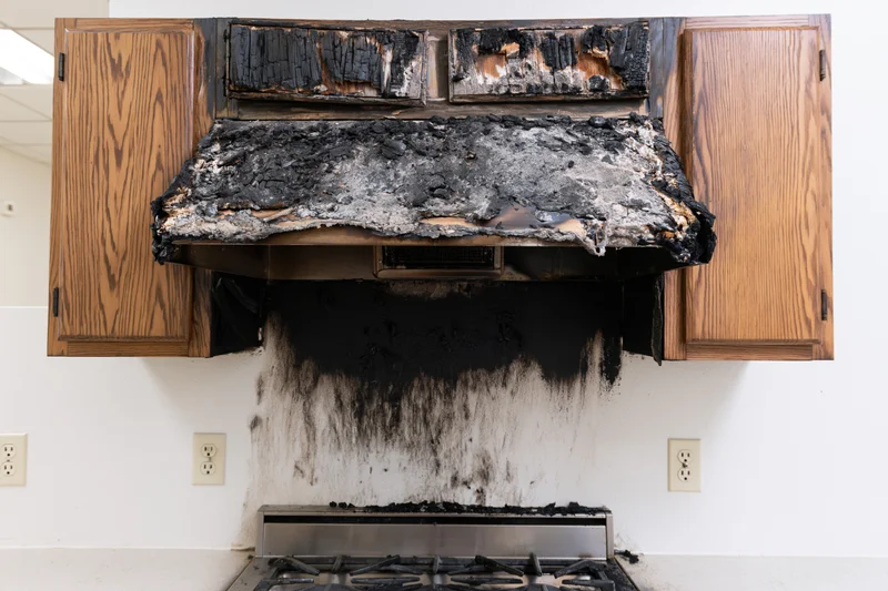Severely burned kitchen range hood and cabinets above a stove with soot-stained wall