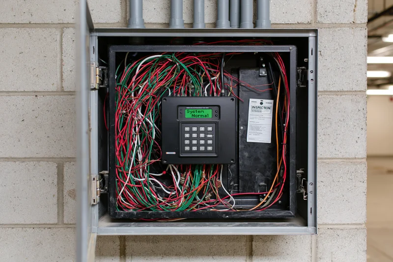 Open metal cabinet revealing fire alarm control panel with tangled wires mounted on concrete wall