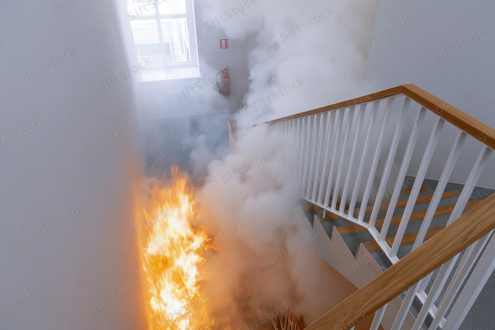 Fire burning at base of interior stairwell with smoke rising near railing and window