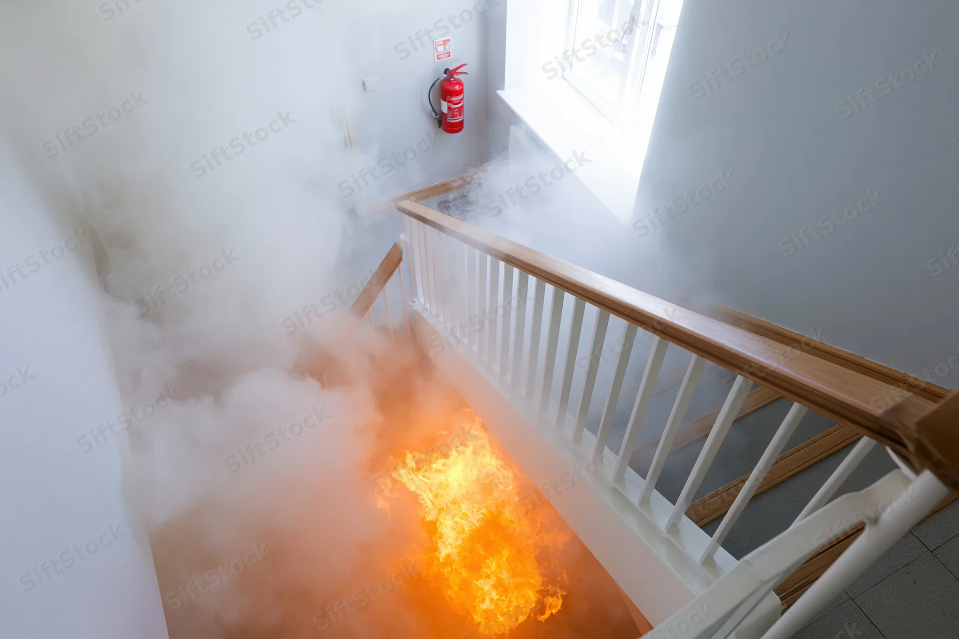 Fire burning at base of interior staircase with smoke filling stairwell near fire extinguisher and window