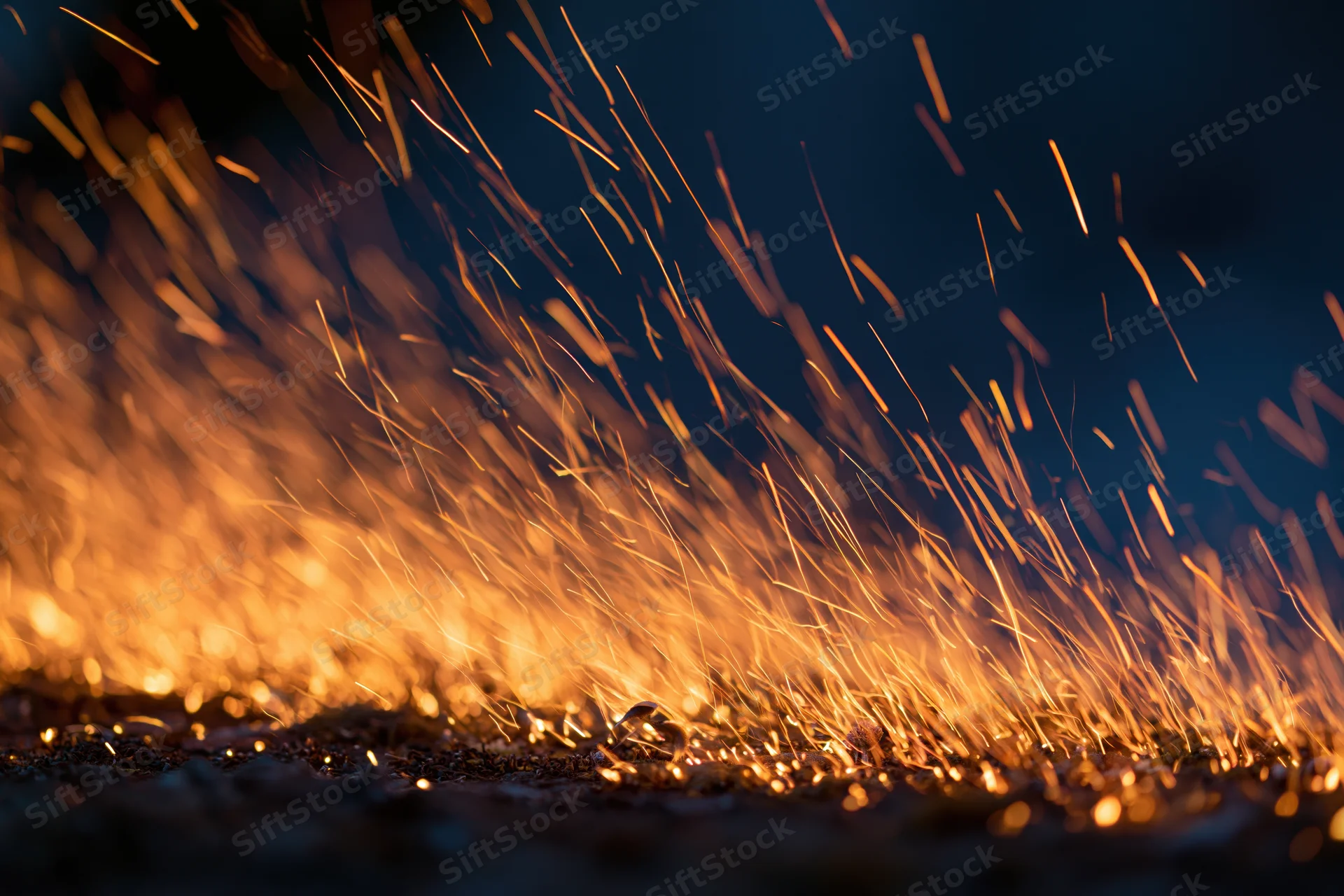 Glowing sparks flying upward from a dark surface at night