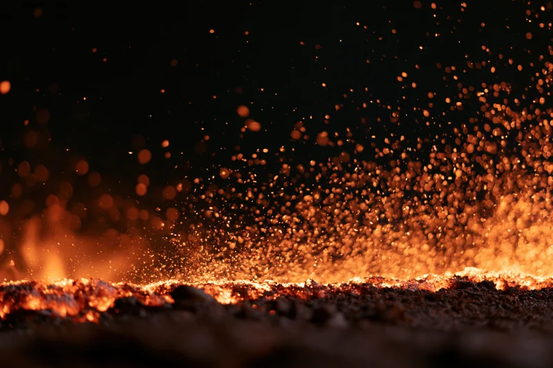 Fire embers and sparks exploding upward from open flames at night