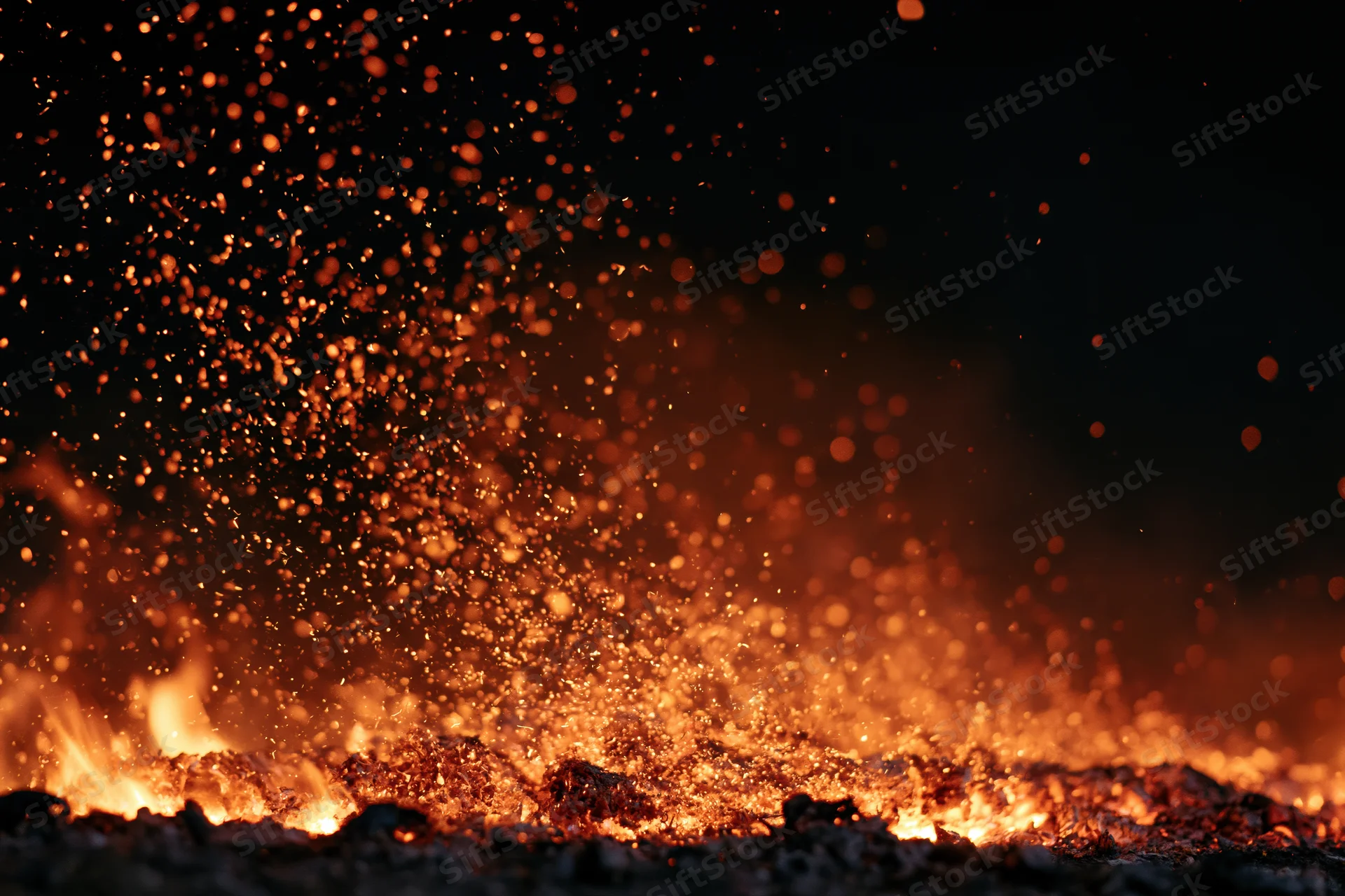 Fire embers and sparks rising from burning flames at night