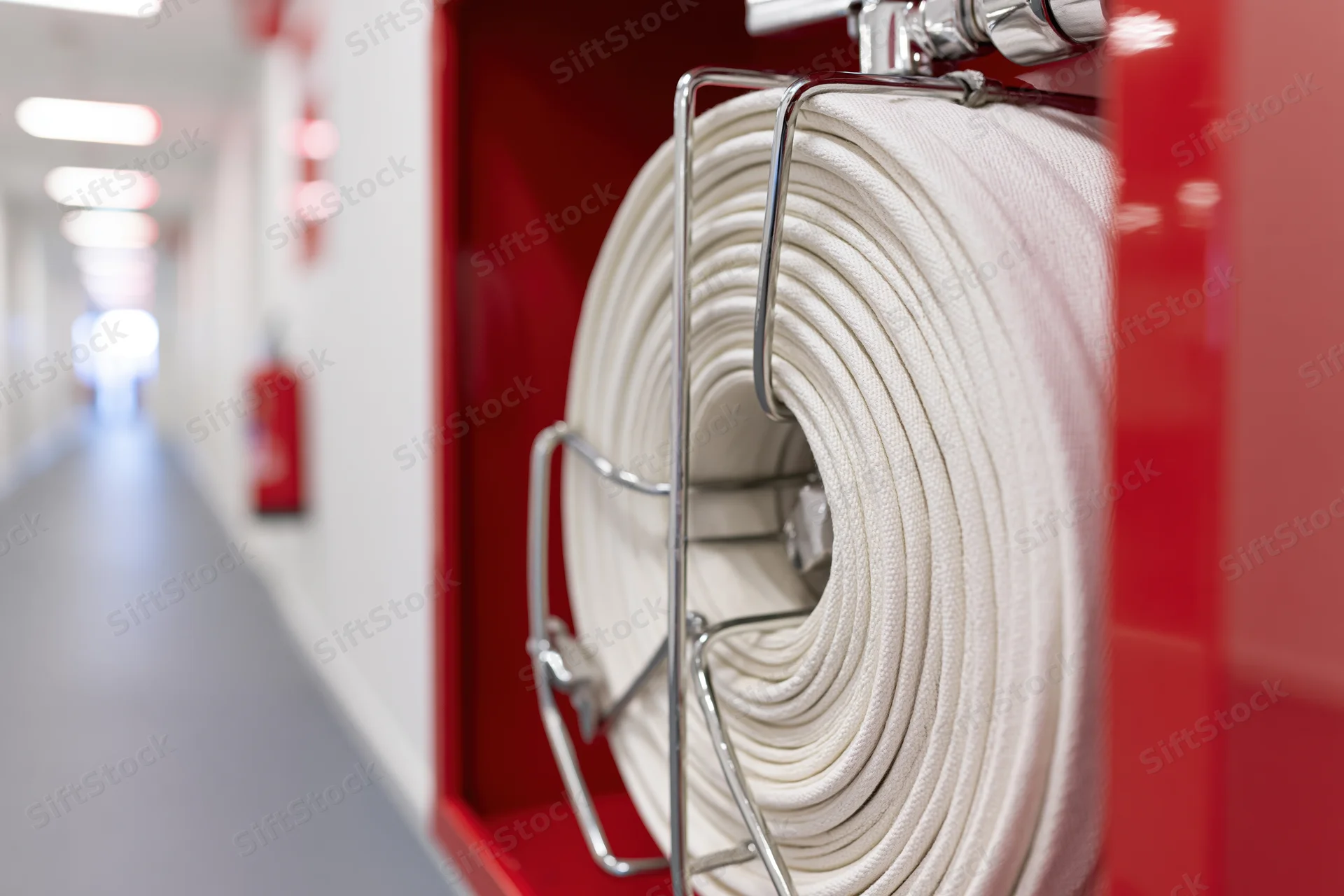 Coiled fire hose in open red cabinet mounted on hallway wall