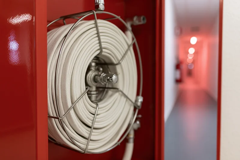 Coiled fire hose in open red cabinet mounted on wall in hallway