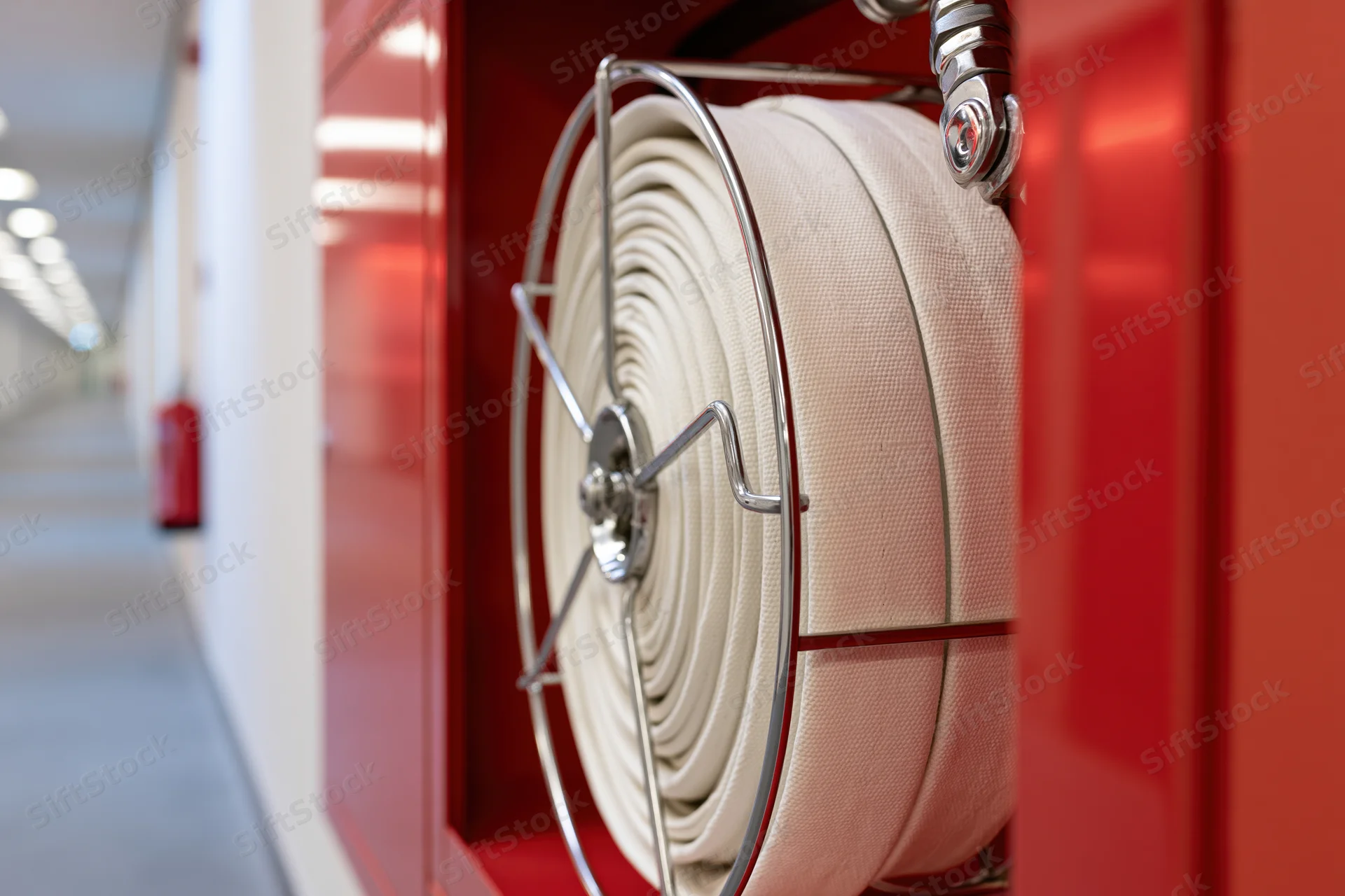 Coiled fire hose on reel mounted in open red cabinet in hallway