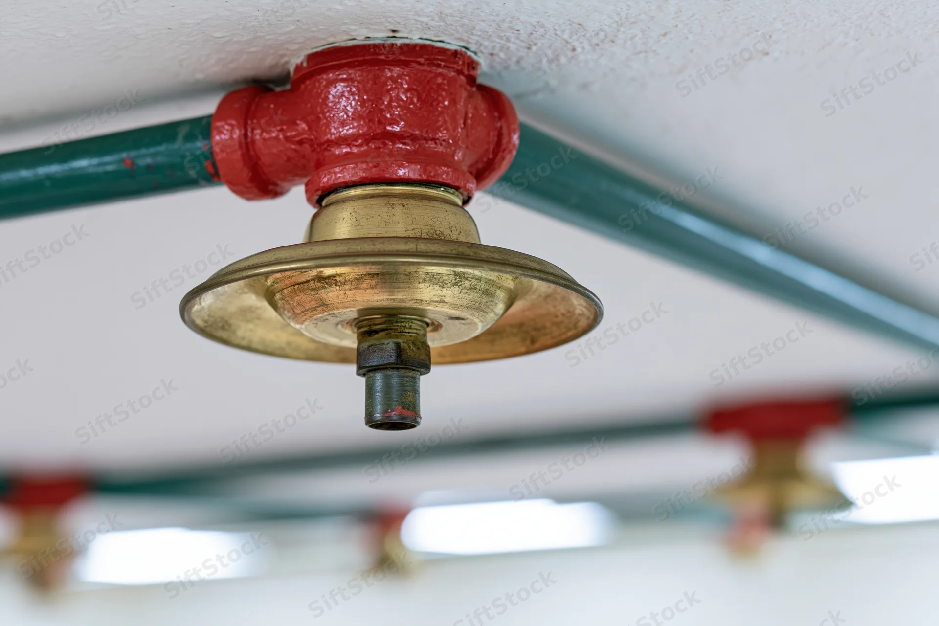 Fire suppression sprinkler head mounted on green steel pipe under ceiling
