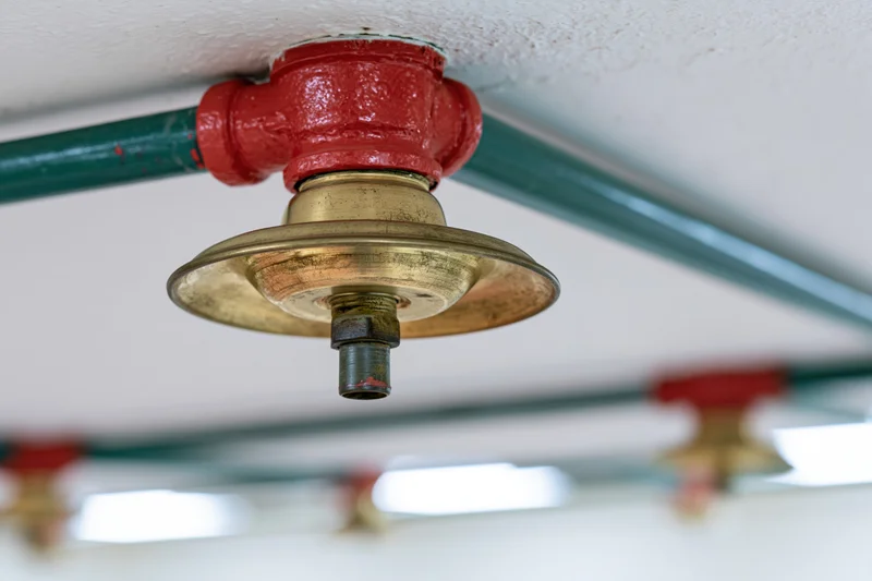 Fire suppression sprinkler head mounted on green steel pipe under ceiling