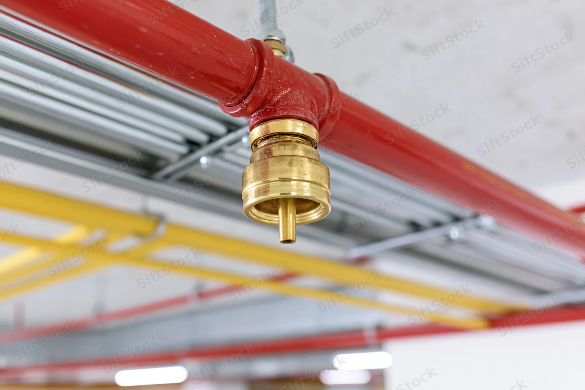 Fire suppression sprinkler head mounted on red steel pipe in industrial ceiling