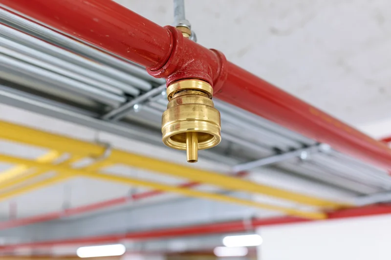 Fire suppression sprinkler head mounted on red steel pipe in industrial ceiling