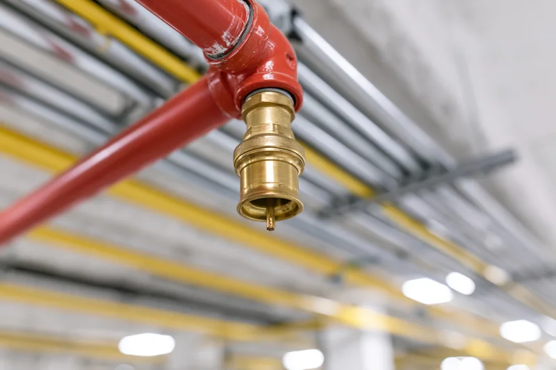 Fire suppression sprinkler head mounted on red steel pipe in industrial ceiling
