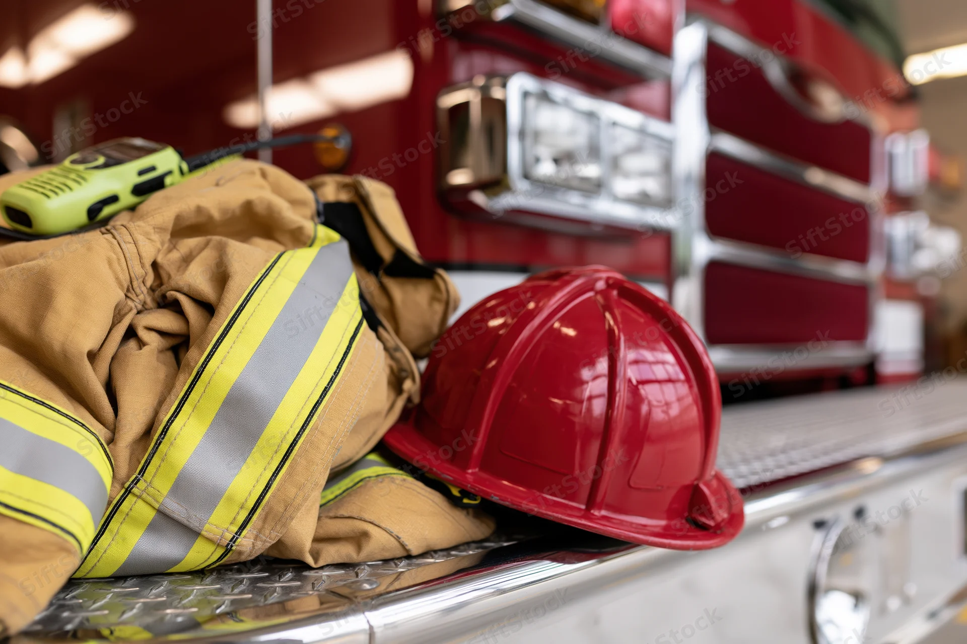 Firefighter turnout gear and red helmet resting on chrome firetruck surface