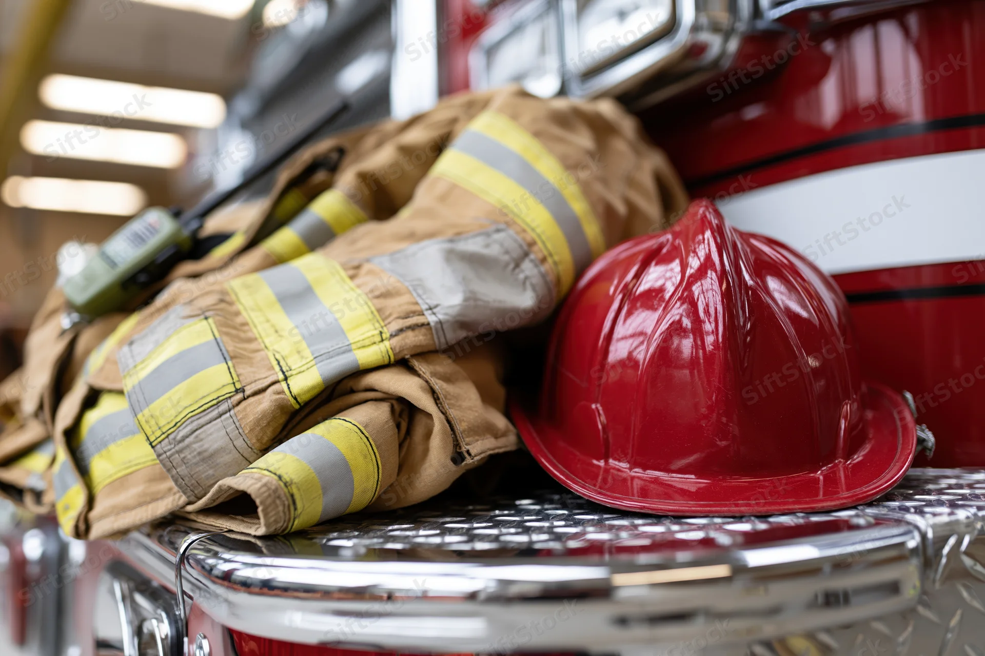 Firefighter turnout gear and red helmet resting on chrome firetruck surface
