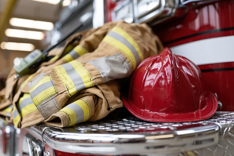 Firefighter turnout gear and red helmet resting on chrome firetruck surface