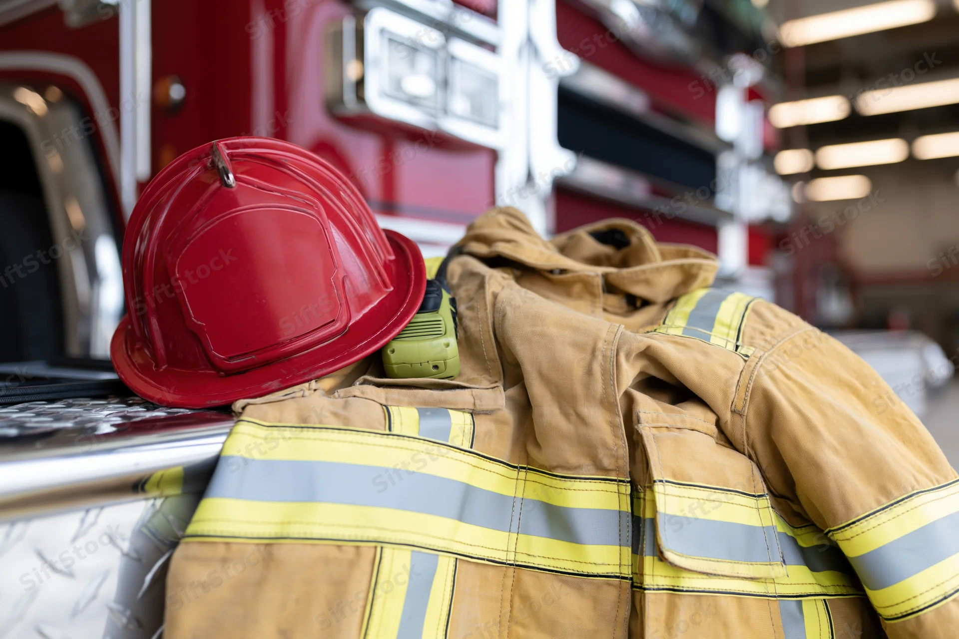 Firefighter turnout gear and red helmet resting on chrome firetruck surface in station interior