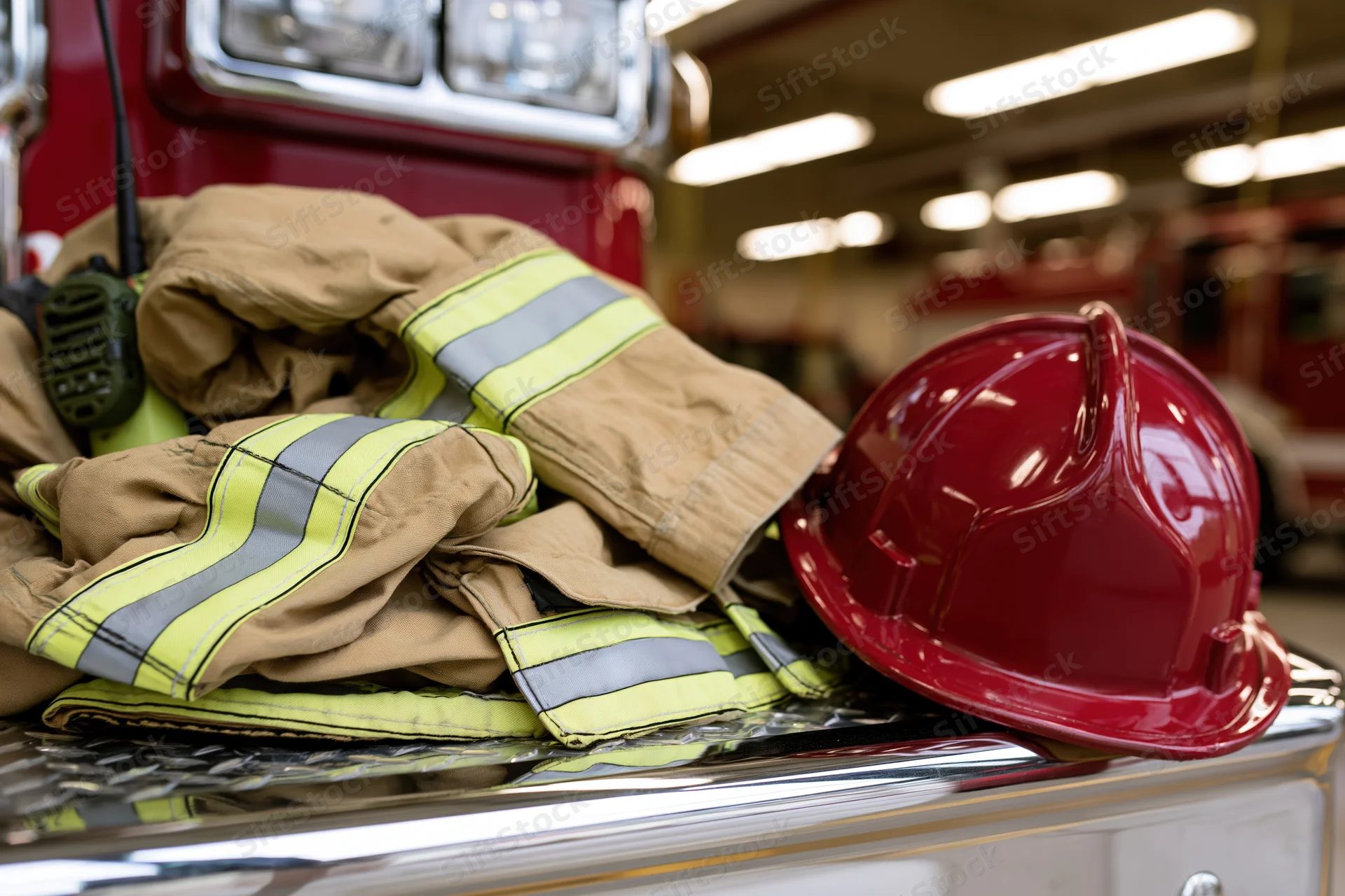 Firefighter turnout gear and red helmet resting on chrome surface in fire station