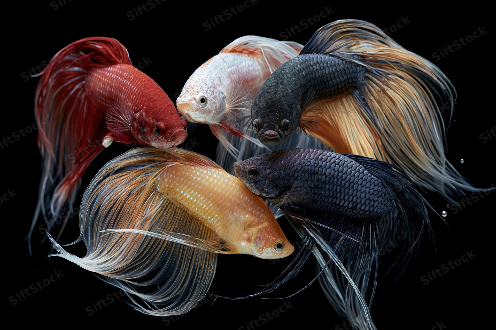 Five betta fish swimming in midwater with fanned fins against a dark background