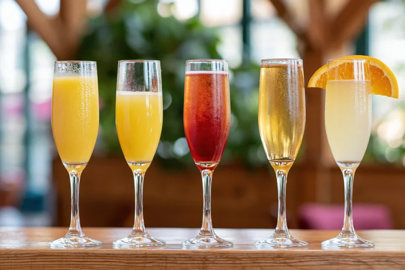 Five champagne flutes filled with colorful drinks lined up on a wooden bar top