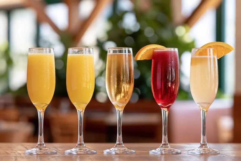 Five champagne flutes filled with colorful cocktails lined up on a wooden bar top