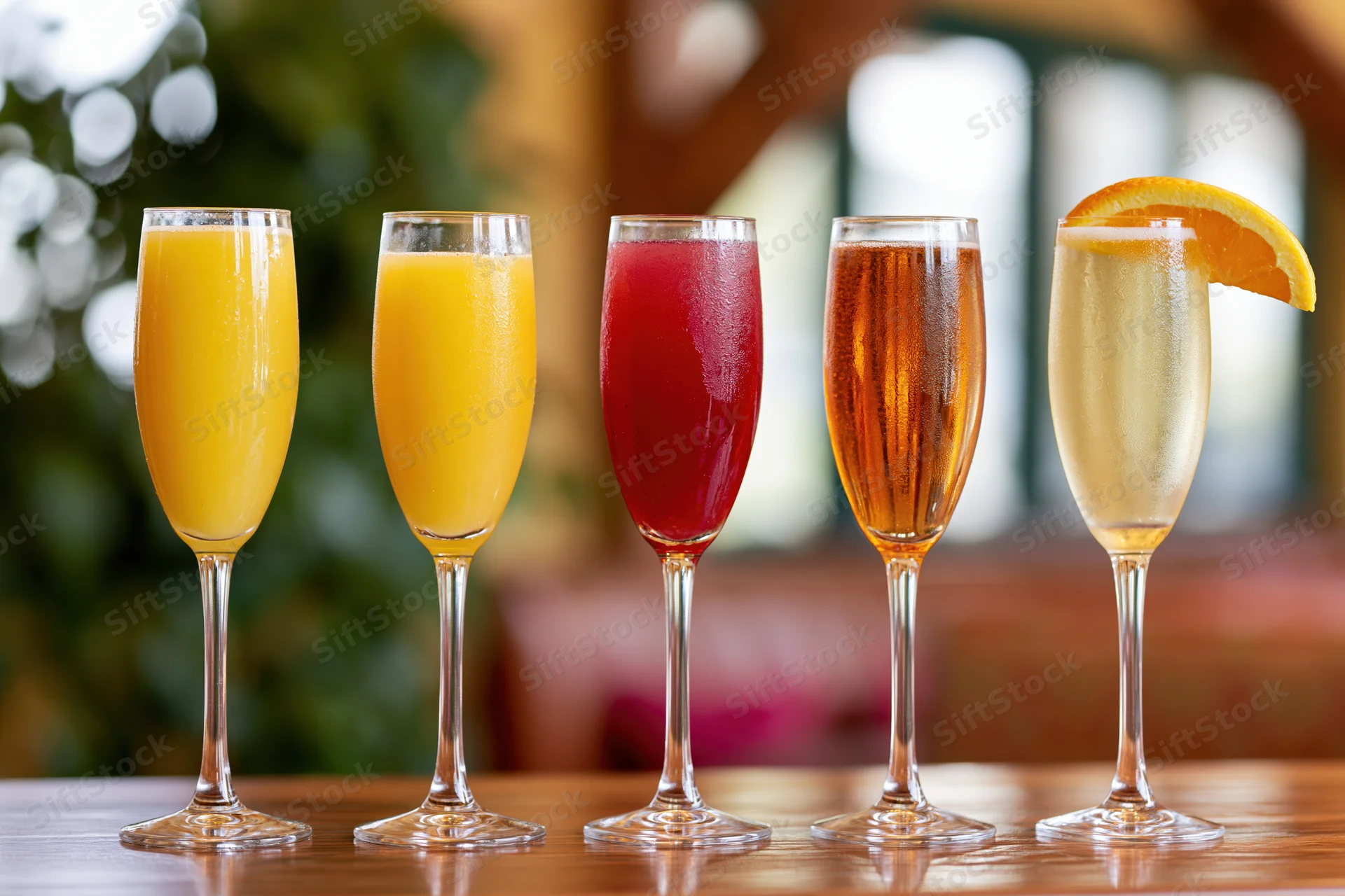 Five champagne flutes filled with colorful cocktails lined up on a wooden bar top
