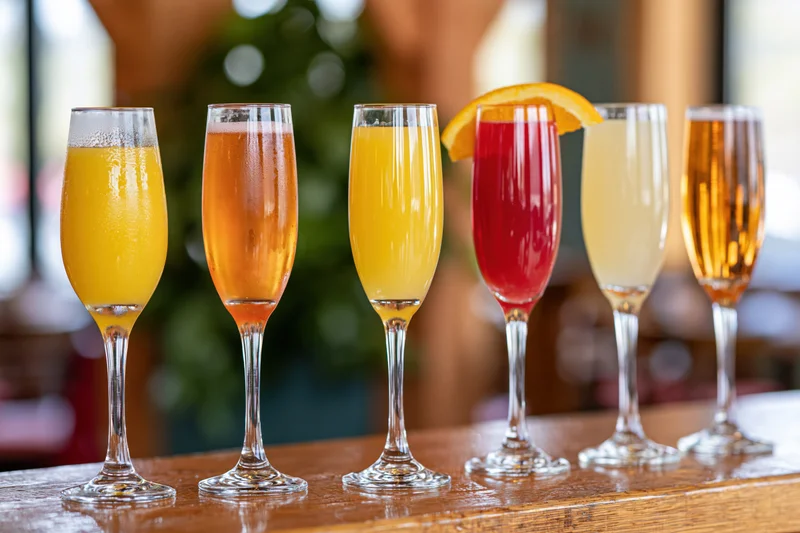 Five champagne flutes filled with colorful cocktails lined up on a wooden bar top