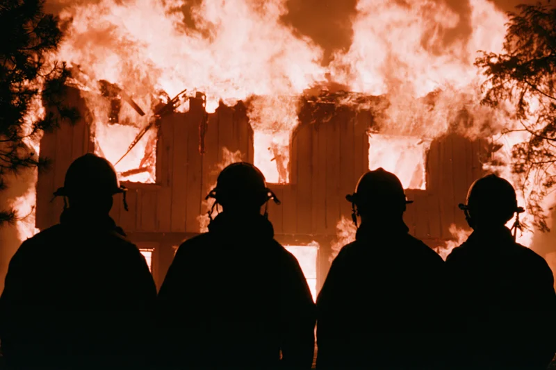 Four firefighters in silhouette facing a burning two-story wooden house at night