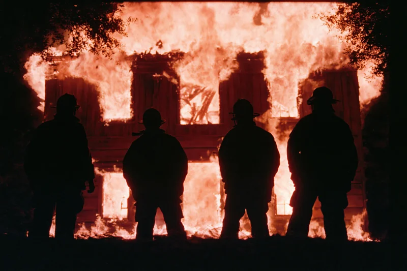 Four firefighters silhouetted against a burning two-story wooden building at night