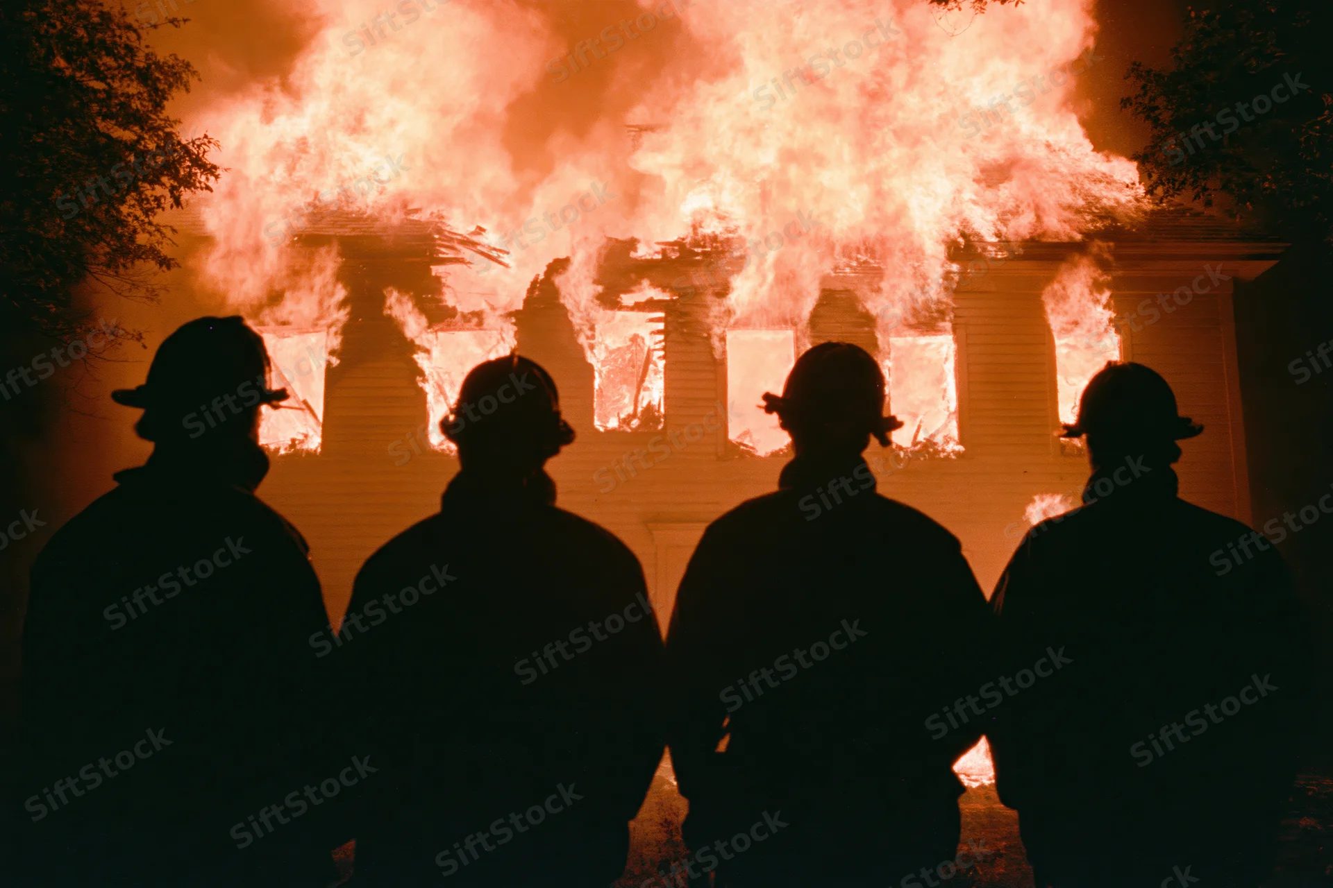 Four firefighters in silhouette facing a burning two-story house at night