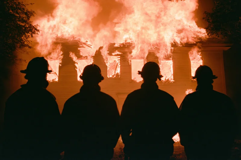 Four firefighters in silhouette facing a burning two-story house at night