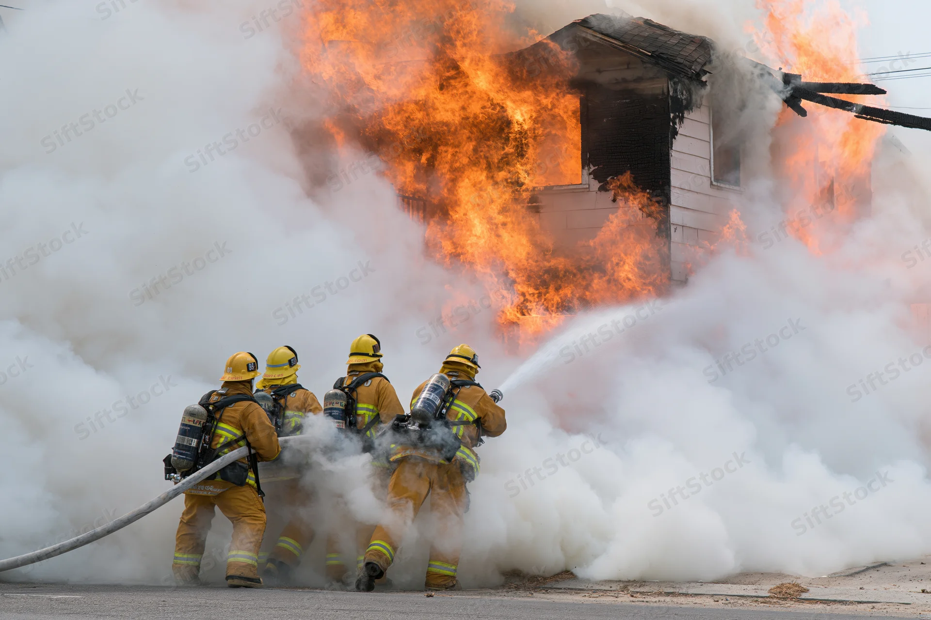 Firefighters in turnout gear advancing with hose to extinguish flames engulfing a house