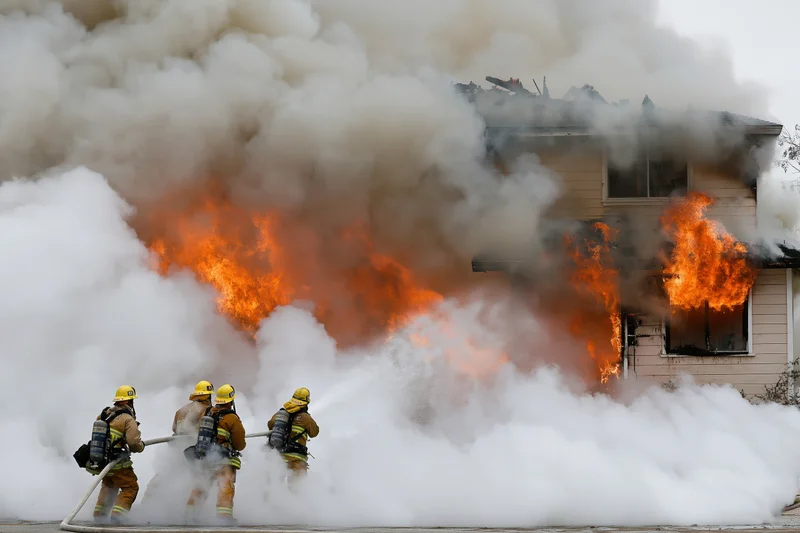 Firefighters in turnout gear fighting flames and smoke at burning house