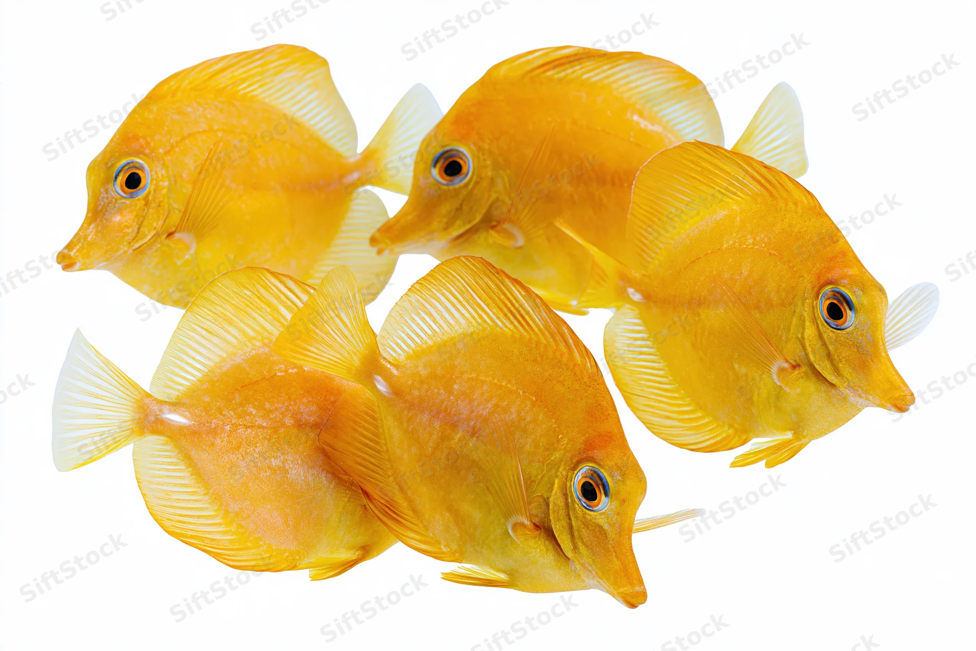 Five golden yellow tang fish swimming in loose formation against white background