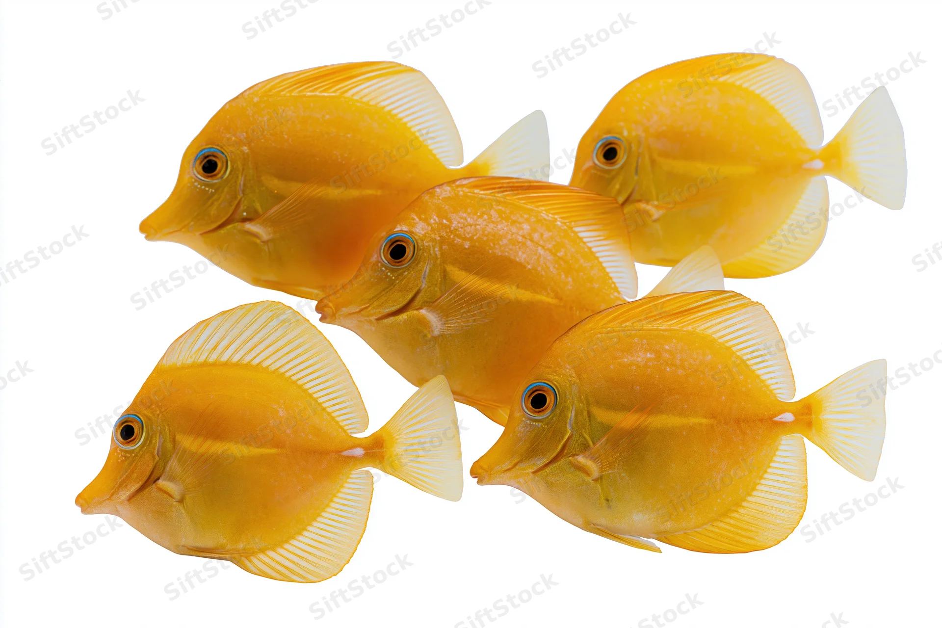 Five golden yellow tang fish swimming in loose formation against white background