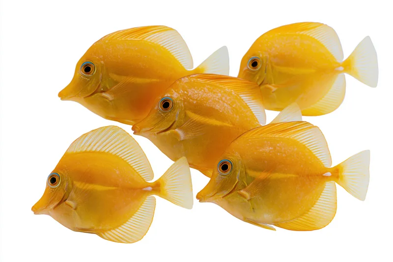 Five golden yellow tang fish swimming in loose formation against white background