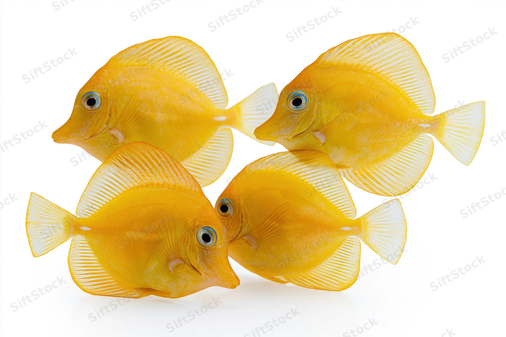 Four golden yellow tang fish swimming in loose formation against white background