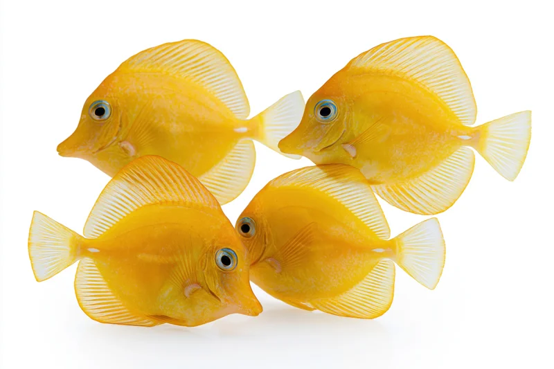Four golden yellow tang fish swimming in loose formation against white background