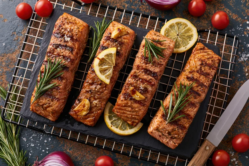 Four grilled salmon fillets arranged on a slate board with lemon slices and rosemary sprigs on a wire rack